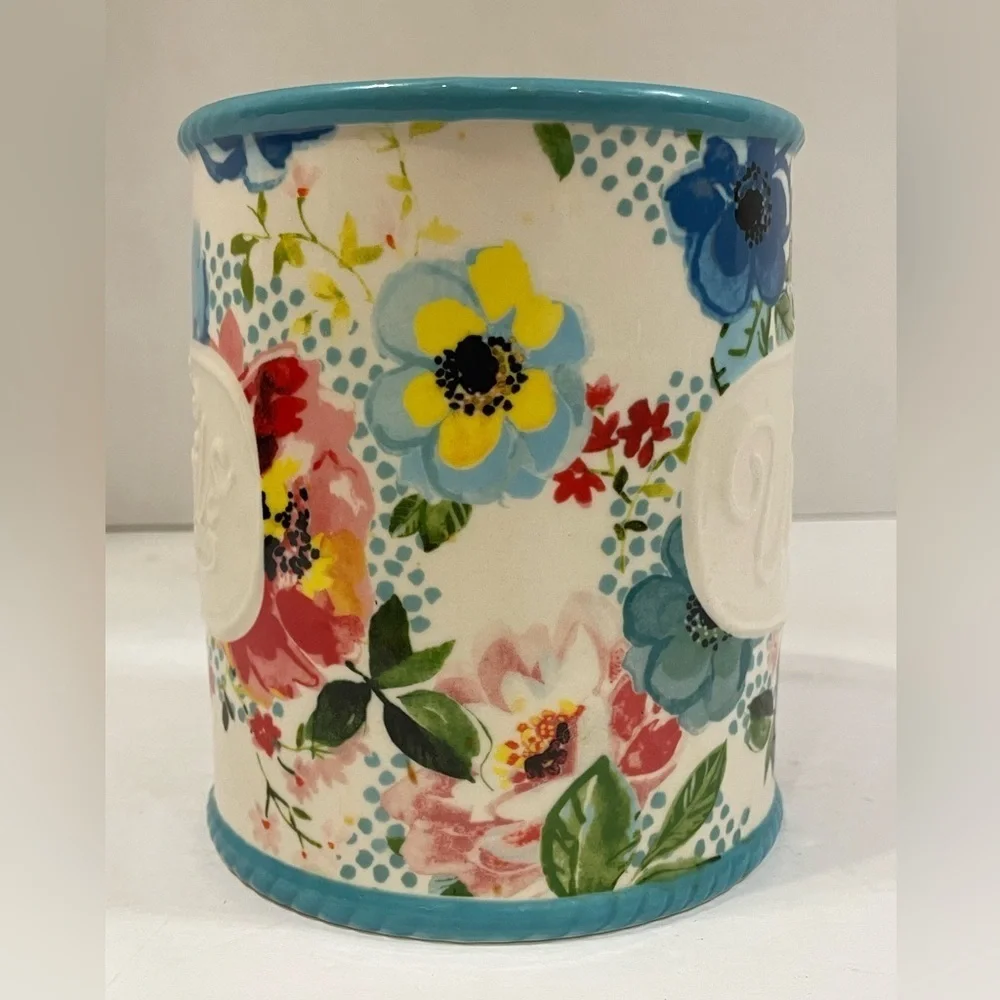 The Pioneer Woman Stoneware Utensil Holder Crock Melody Floral Embossed Utensils